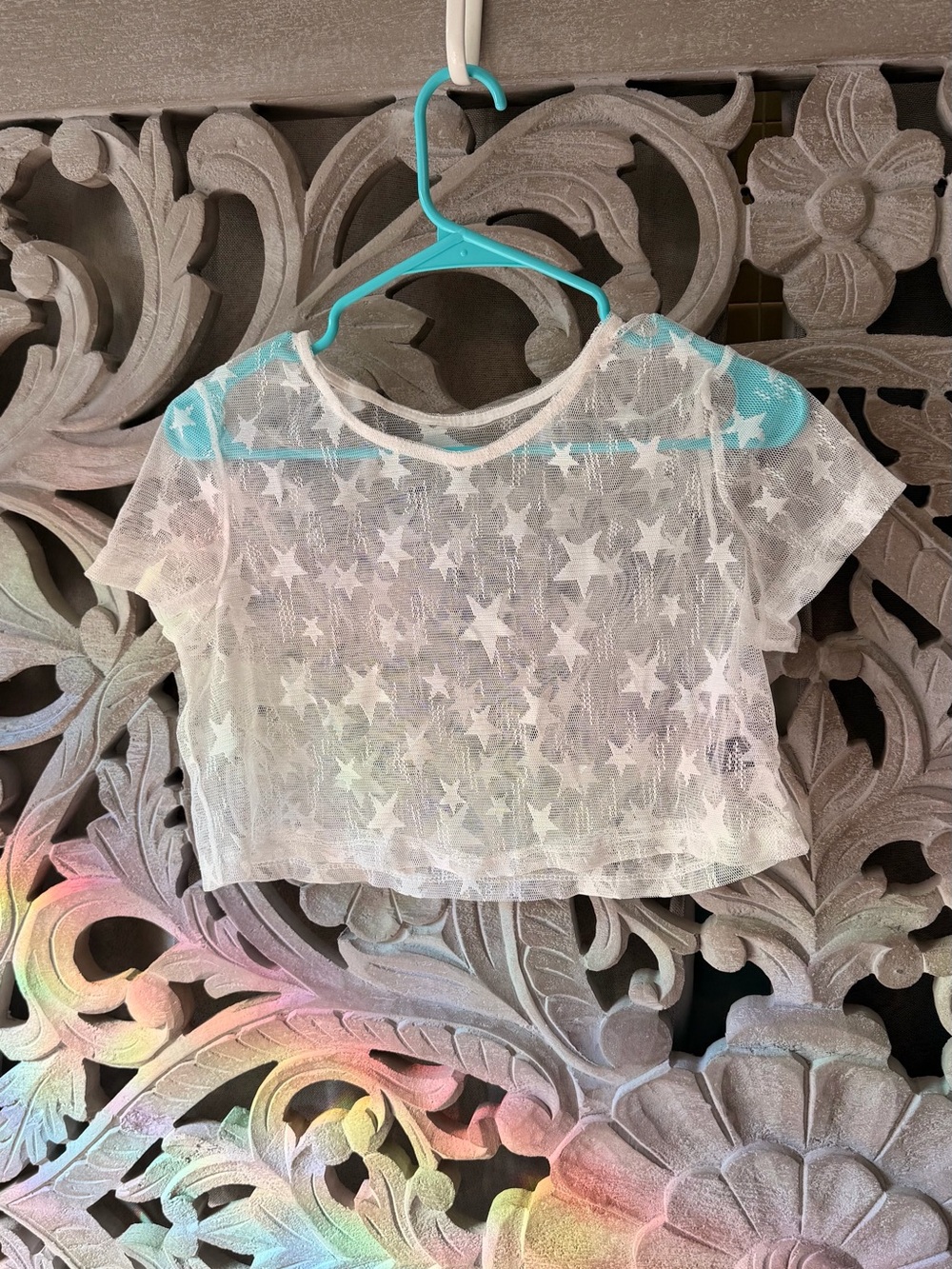 Womens Sheer Star Mesh Crop Top - White